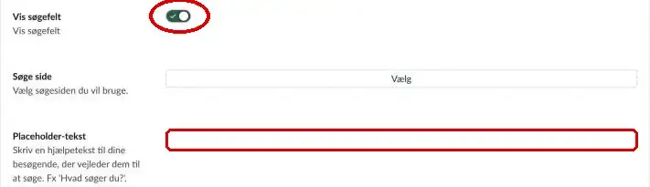 Knappen Vis søgefelt og feltet Placeholder-tekst markeret